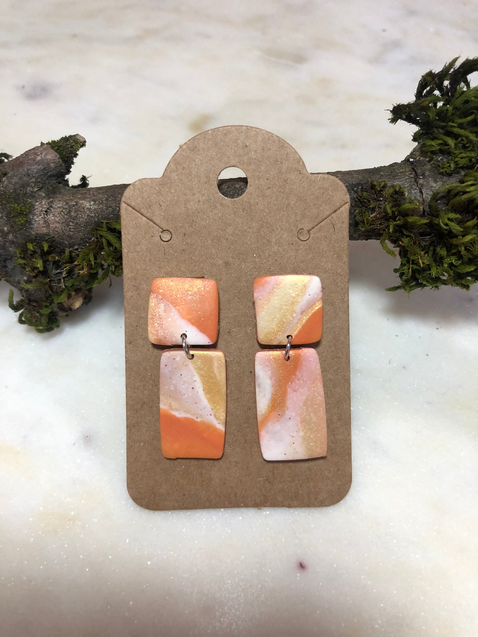 Orange Sorbet Marbled Drop Earring, Square/Rectangle